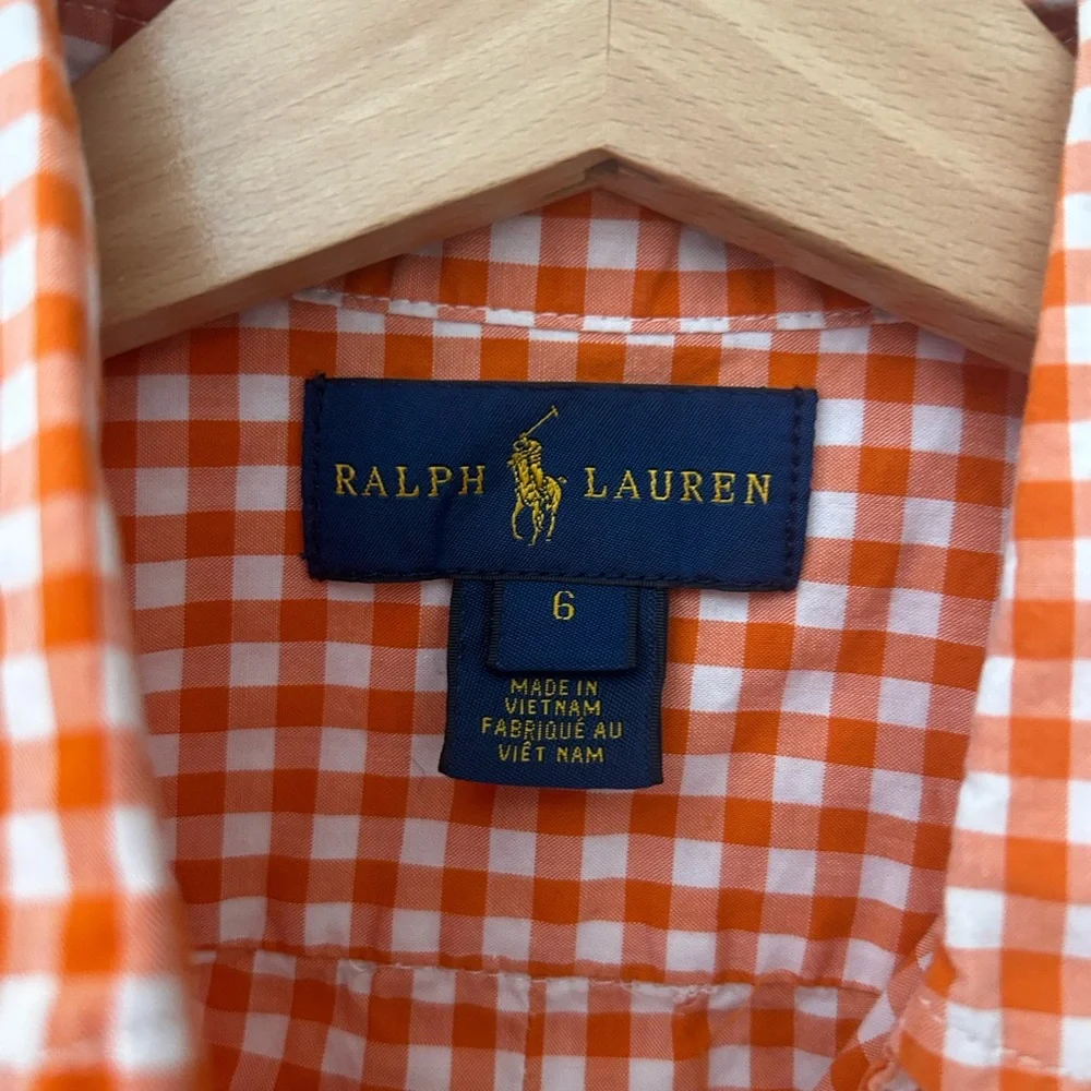 Ralph Lauren Orange Boys 6 Gingham Orange Checkered Kids Button Down Shirt